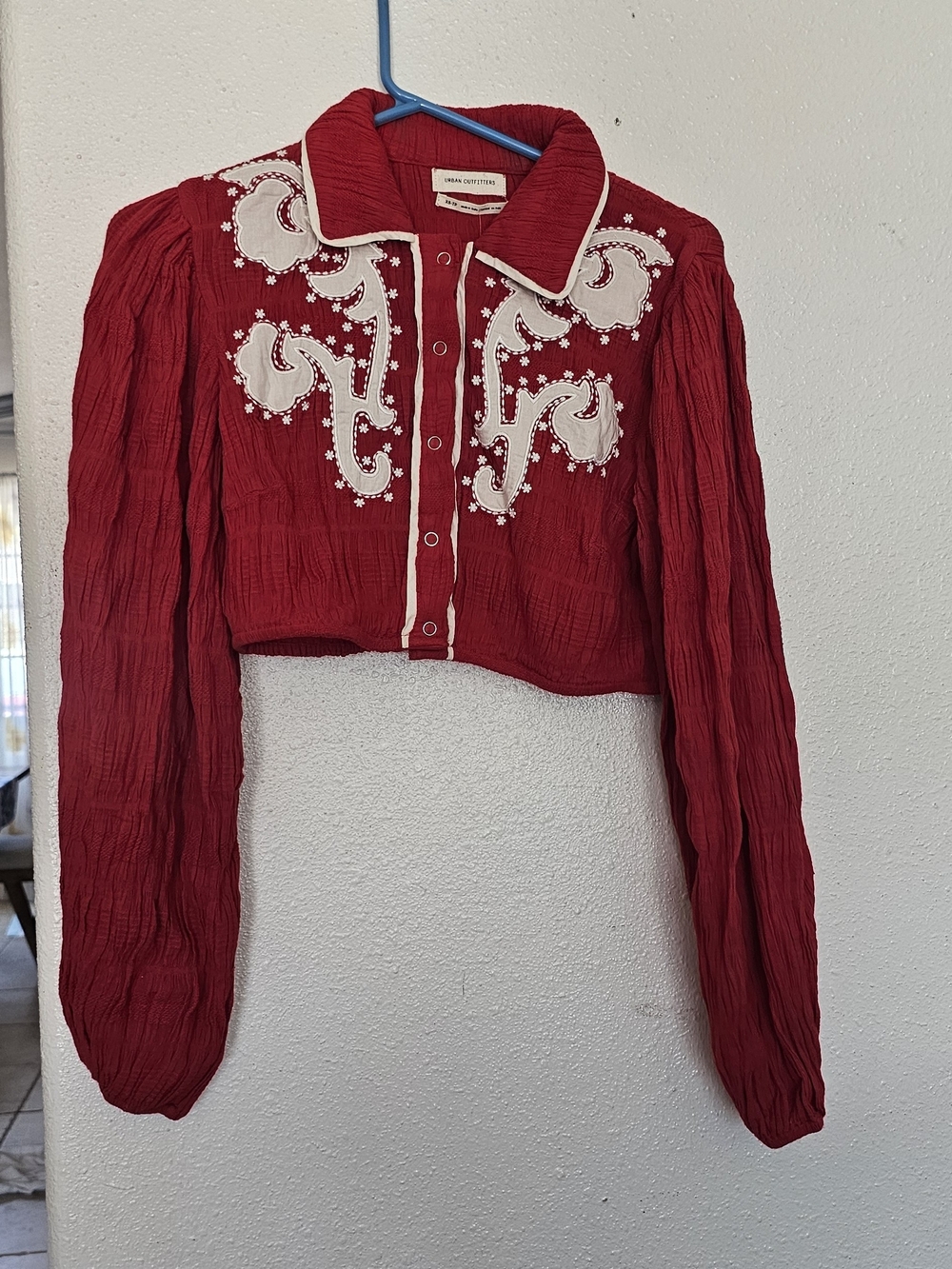 Urban Outfitters Red Cropped Embroidered Button-Up Top